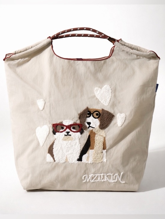 Mztkin Other - Mztkin nylon tote, cord handles, embroidered dogs in glasses, M, beige, like new